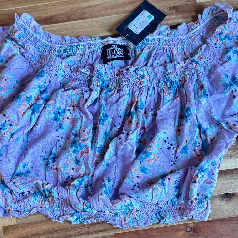 Luxe Brand Womens Purple Floral Ruffle Crop Top Round Neck Short Sleeve Elastic
